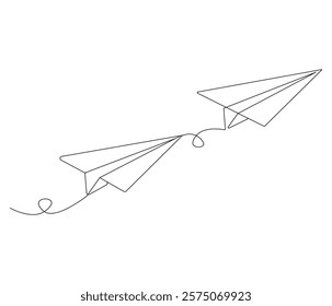 One continuous line drawing of paper plane. Paper airplane symbol of travel and dream. Concept vector art for business trip. Editable stroke. Doodle line illustration