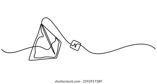 One continuous line drawing of paper tea bag, Discount tag icon line continuous drawing vector. One line price tag icon vector background, Hot herbal drink for morning routine and breakfast in simple.