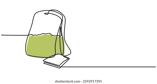 One continuous line drawing of paper tea bag, Discount tag icon line continuous drawing vector. One line price tag icon vector background, Hot herbal drink for morning routine and breakfast in simple.