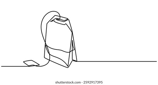 One continuous line drawing of paper tea bag, Discount tag icon line continuous drawing vector. One line price tag icon vector background, Hot herbal drink for morning routine and breakfast in simple.