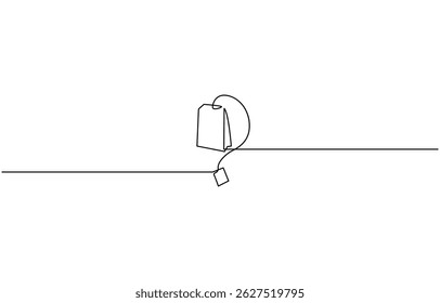 Un dibujo de línea continua de bolsita de té de papel, dibujo de línea continua de bolsita de té de papel, Vector de dibujo continuo de línea de icono de etiqueta de descuento. Fondo de Vector de Precio de una línea.