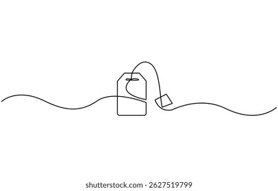 Un dibujo de línea continua de bolsita de té de papel, dibujo de línea continua de bolsita de té de papel, Vector de dibujo continuo de línea de icono de etiqueta de descuento. Fondo de Vector de Precio de una línea.