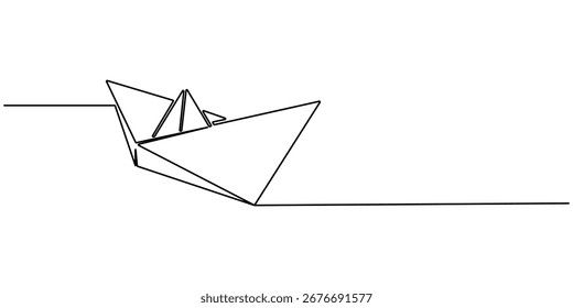 One continuous line drawing of paper boat. Origami ship concept for success leadership of business in simple linear style. Line art outline vector illustration of loneliness Editable stroke. 