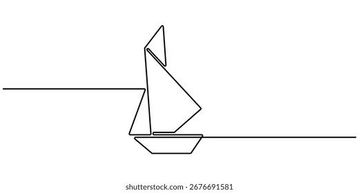 Un dibujo de línea continua de un barco de papel. Concepto de barco de origami para el éxito de liderazgo de negocios en estilo lineal simple. Ilustración vectorial del contorno del arte de la línea de la soledad. 