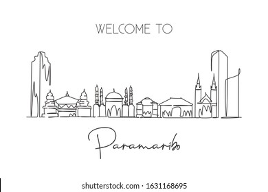 One continuous line drawing Paramaribo city skyline, Suriname. Beautiful landmark home decor poster print. World landscape tourism travel vacation. Stylish single line draw design vector illustration