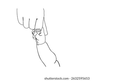 Um desenho de linha contínua de pai e bebê segurando mãos, Uma ilustração de arte de linha de toque de um pai e bebê recém-nascido segurando mãos, Pai e bebê recém-nascido segurando arte de linha de mão.