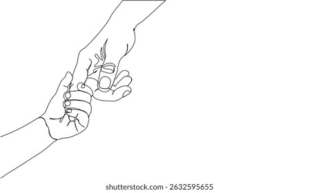 One continuous line drawing of parent and baby holding hands. Line drawing of father holding child’s hand, single line vector illustration.
