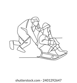 One continuous line drawing of parents playing on a slide with their children enjoying winter holidays vector illustration. Winter activity design illustration simple linear style vector concept.