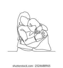 One continuous line drawing of a parents hugging his child vector illustration. Affection design concept in simple linear style vector. Great design for parenting course and education purpose.