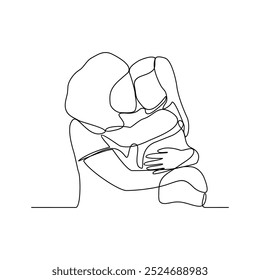 One continuous line drawing of a parents hugging his child vector illustration. Affection design concept in simple linear style vector. Great design for parenting course and education purpose.