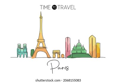 One continuous line drawing Paris city skyline, France. Beautiful skyscraper. World landscape tourism travel vacation wall decor poster art concept. Stylish single line draw design vector illustration