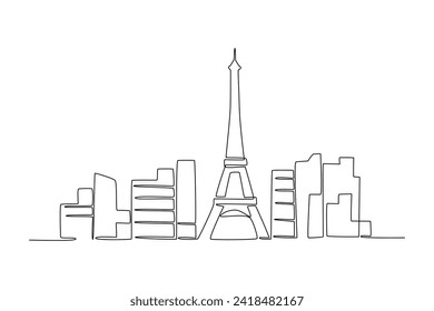 Una línea continua dibujando el horizonte de la ciudad de París, Francia. Hermoso rascacielos. Turismo paisajístico mundial viajes vacaciones decoración de afiche concepto de arte. Ilustración vectorial de diseño de trazos de línea simple con estilo