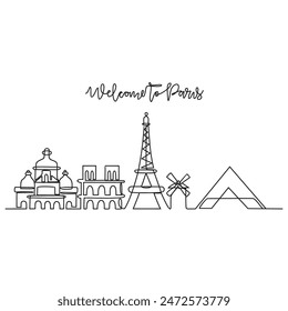 One continuous line drawing of Paris skyline vector illustration. Modern city in Europe in simple linear style vector design concept. One of big city in France. Iconic architectural building design.