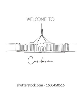 One Continuous Line Drawing Parliament House Canberra Landmark. Government Meeting Place In Australia. Home Wall Decor Art Poster Print Concept. Modern Single Line Draw Design Vector Illustration