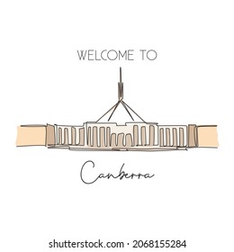 One Continuous Line Drawing Parliament House Canberra Landmark. Government Meeting Place In Australia. Home Wall Decor Art Poster Print Concept. Modern Single Line Draw Design Vector Illustration