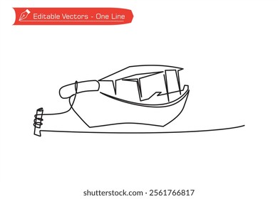 One continuous line drawing of passenger boat with roof. Vector illustration of one line drawing of passenger boat moored. Boat image symbolizes tourism, travel, river, waters, pier, sea, beach.