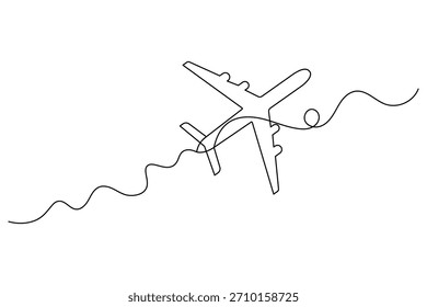 Un avión de pasajeros de dibujo de línea continua en vuelo