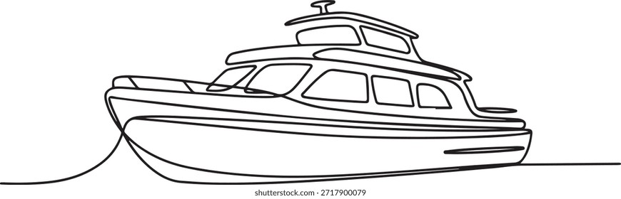 Un dibujo de línea continua de un barco de pasajeros con techo. Ilustración vectorial de un dibujo de línea de un bote de pasajeros amarrado. dibujo de icono de una línea

