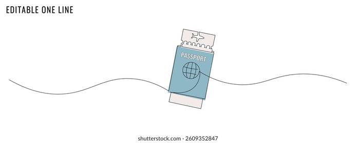 One continuous line drawing of a passport and flight ticket. A travel concept banner. Editable stroke, simple doodle design, vector illustration