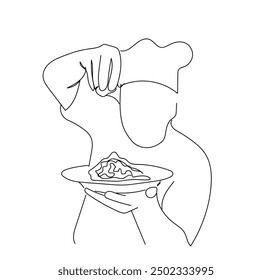 One continuous line drawing of pasta spaghetti cooking male chef cook. Kitchener prepares pasta, presents on plate. Chef cooking dish of Italian cuisine. Restaurant service, breakfast or dinner meal. 