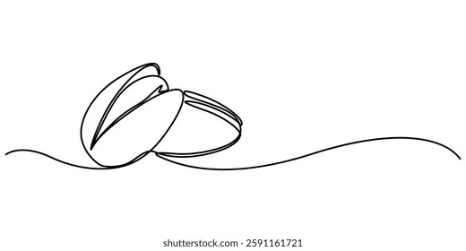 One Continuous Line Drawing of Peanut Icon. Single Line Vector Illustration, Tasty Pistachio Drawing, Organic pistachios in the sun, Healthy food and snack background, pistachio continuous one line.