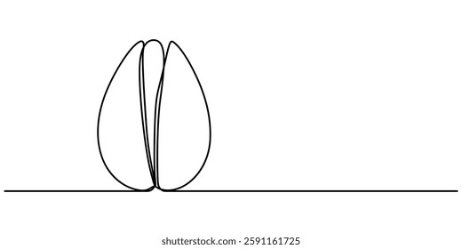 One Continuous Line Drawing of Peanut Icon. Single Line Vector Illustration, Tasty Pistachio Drawing, Organic pistachios in the sun, Healthy food and snack background, pistachio continuous one line.