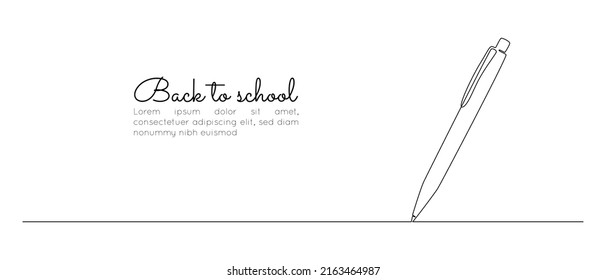 One continuous line drawing of pen writing thin stroke. Pencil symbol of study and education concept in simple linear style. Back to school mascot. Doodle vector illustration