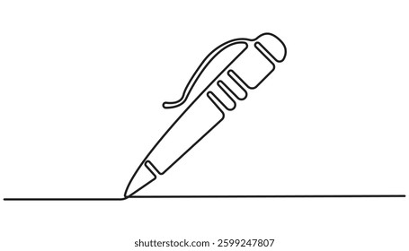 One continuous line drawing of pen writing wave thin stroke. Pencil symbol of study and education concept in simple linear style