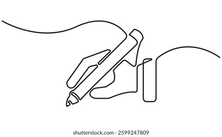 One continuous line drawing of pen writing wave thin stroke. Pencil symbol of study and education concept in simple linear style