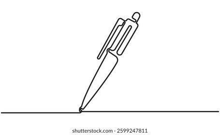 One continuous line drawing of pen writing wave thin stroke. Pencil symbol of study and education concept in simple linear style