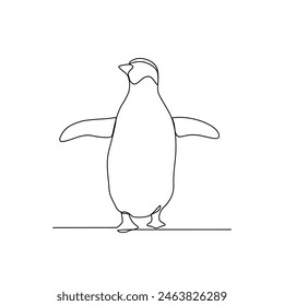 One continuous line drawing of a penguin is looking for fish to eat in the arctic area vector design illustration. Penguin wildlife activity illustration in simple linear style vector design concept.