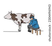 One continuous line drawing of people is milking a cow. beverage in simple linear style. beverage design concept vector illustration