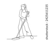 One continuous line drawing of People with housekeeping work activity vector illustration.  tasks such as sweeping, vacuuming, mopping, dusting, wiping down surfaces, and taking out the trash.