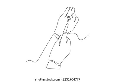 Una línea continua de personas diseminando químicos. Concepto científico. Ilustración gráfica vectorial de diseño de líneas simples. Laboratorio.