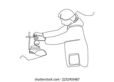 One continuous line drawing of people weighing the right size of the chemical. Scientist concept. Single line draw design vector graphic illustration. Laboratory.