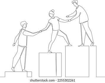 One continuous line drawing of people helping each other to achieve a goal. Teamwork minimalist concept. Problem-solving business concept. Teamwork, vector graphic design illustration.