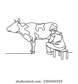 Un dibujo continuo de la gente es ordeñar una vaca. bebida en un estilo lineal simple. ilustración vectorial del concepto de diseño de bebidas
