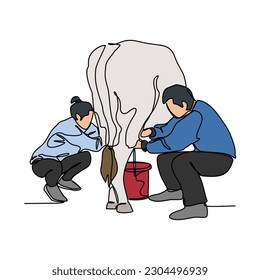 One continuous line drawing of people is milking a cow. beverage in simple linear style. beverage design concept vector illustration