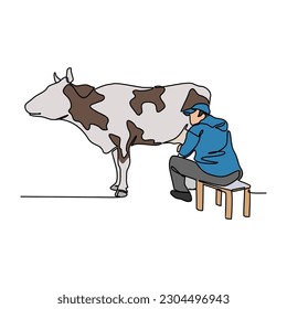 One continuous line drawing of people is milking a cow. beverage in simple linear style. beverage design concept vector illustration