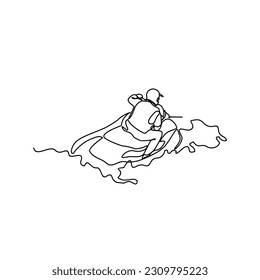 One continuous line drawing of a people playing jetski on the sea. Jetski concept illustration in simple linear style. Sea sprot design concept vector illustration