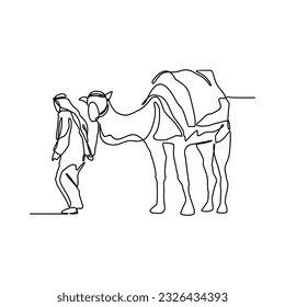 One continuous line drawing of people are riding camels in the desert as symbol for Hijrah. Islamic new year holiday concept in simple linear style. Islamic new year design concept vector illustration