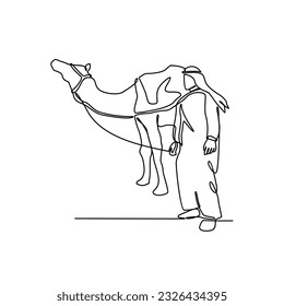 One continuous line drawing of people are riding camels in the desert as symbol for Hijrah. Islamic new year holiday concept in simple linear style. Islamic new year design concept vector illustration