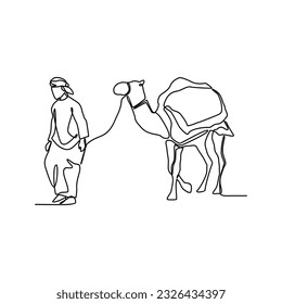 One continuous line drawing of people are riding camels in the desert as symbol for Hijrah. Islamic new year holiday concept in simple linear style. Islamic new year design concept vector illustration