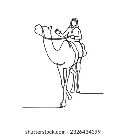 One continuous line drawing of people are riding camels in the desert as symbol for Hijrah. Islamic new year holiday concept in simple linear style. Islamic new year design concept vector illustration