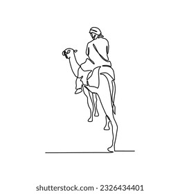 One continuous line drawing of people are riding camels in the desert as symbol for Hijrah. Islamic new year holiday concept in simple linear style. Islamic new year design concept vector illustration
