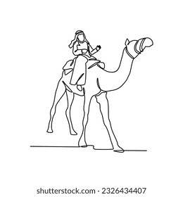 Una línea continua de personas está montando camellos en el desierto como símbolo de Hijrah. El concepto islámico de vacaciones de Año Nuevo en un estilo lineal simple. Ilustración vectorial del concepto de diseño del nuevo año islámico