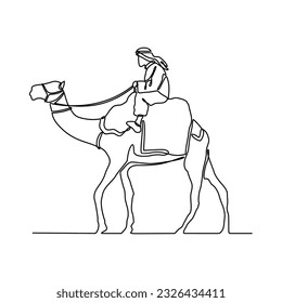One continuous line drawing of people are riding camels in the desert as symbol for Hijrah. Islamic new year holiday concept in simple linear style. Islamic new year design concept vector illustration