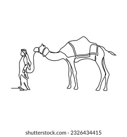 One continuous line drawing of people are riding camels in the desert as symbol for Hijrah. Islamic new year holiday concept in simple linear style. Islamic new year design concept vector illustration