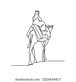 One continuous line drawing of people are riding camels in the desert as symbol for Hijrah. Islamic new year holiday concept in simple linear style. Islamic new year design concept vector illustration