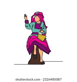 Una línea continua de personas usando la ropa tradicional. El concepto de ropa tradicional asiática en un estilo lineal simple. Ilustración vectorial del concepto de moda y belleza